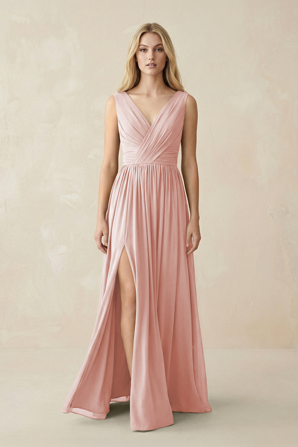 V-Neck Chiffon Pleated A-Line Bridesmaid Dress in Rose Petal