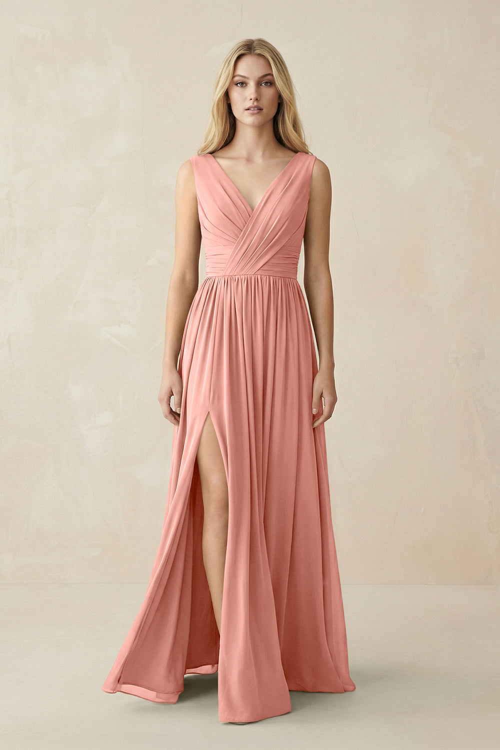 V-Neck Chiffon Pleated A-Line Bridesmaid Dress in Rosette