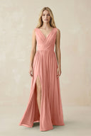 V-Neck Chiffon Pleated A-Line Bridesmaid Dress in Rosette | KISSBRIDAL