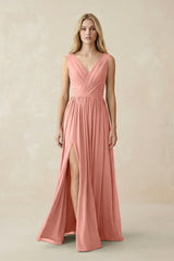 V-Neck Chiffon Pleated A-Line Bridesmaid Dress in Rosette | KISSBRIDAL