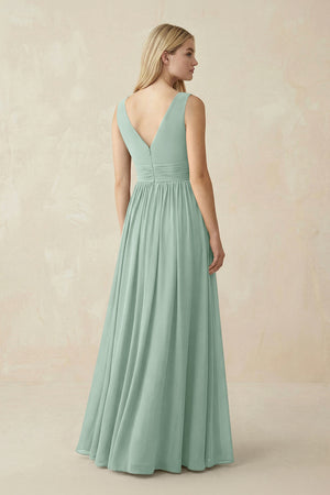 V-Neck Chiffon Pleated A-Line Bridesmaid Dress in Sage (2) | KISSBRIDAL