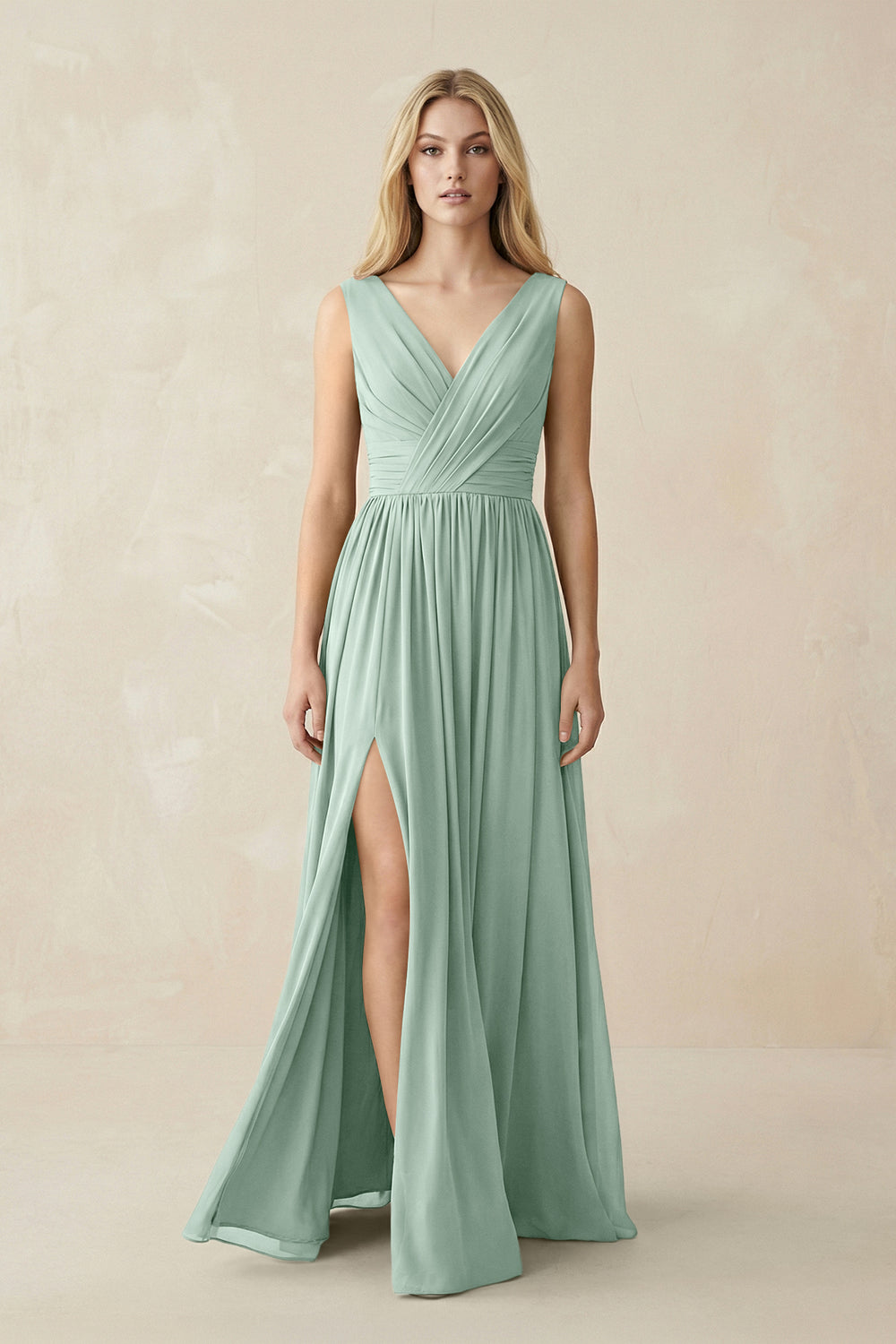 V-Neck Chiffon Pleated A-Line Bridesmaid Dress in Sage