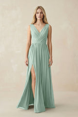 V-Neck Chiffon Pleated A-Line Bridesmaid Dress in Sage | KISSBRIDAL
