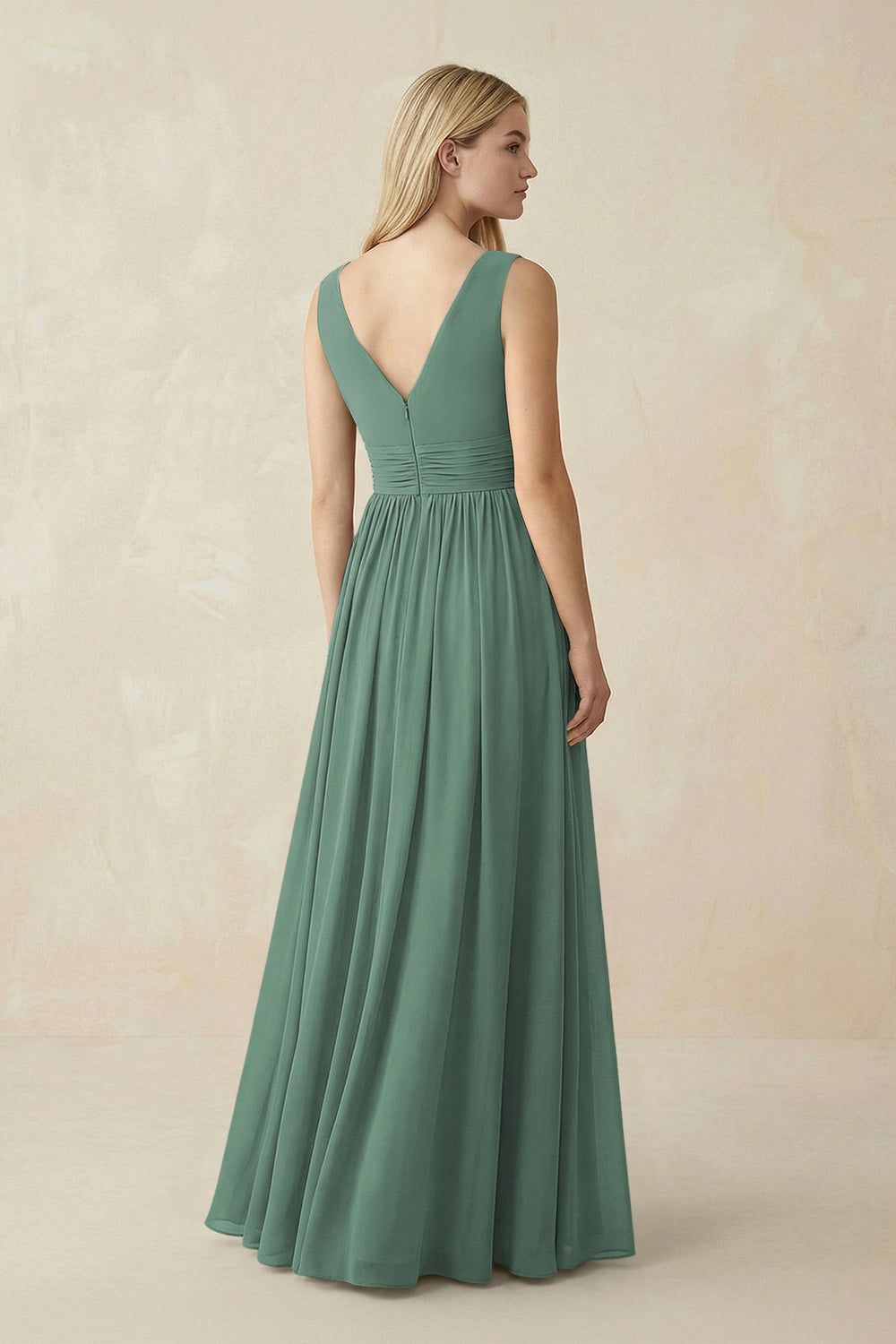 V-Neck Chiffon Pleated A-Line Bridesmaid Dress in Sea Glass