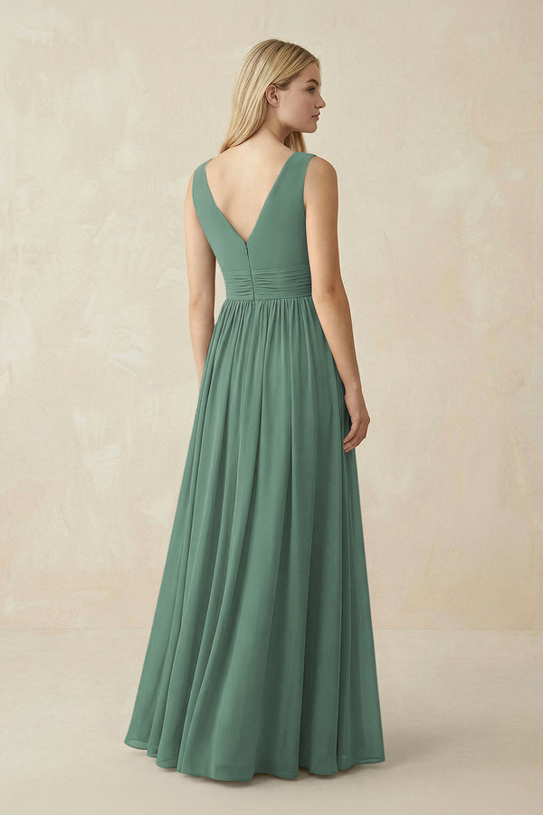 V-Neck Chiffon Pleated A-Line Bridesmaid Dress in Sea Glass (2) | KISSBRIDAL