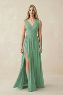 V - Neck Chiffon Pleated A - Line Bridesmaid Dress in Sea Glass - SHE IS ME Bridesmaid Dresses