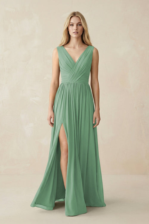 V - Neck Chiffon Pleated A - Line Bridesmaid Dress in Sea Glass - SHE IS ME Bridesmaid Dresses