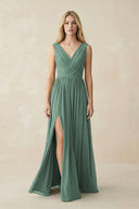 V-Neck Chiffon Pleated A-Line Bridesmaid Dress in Sea Glass | KISSBRIDAL