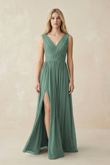 V-Neck Chiffon Pleated A-Line Bridesmaid Dress in Sea Glass | KISSBRIDAL