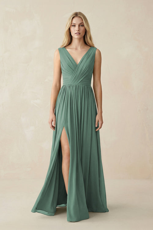 V-Neck Chiffon Pleated A-Line Bridesmaid Dress in Sea Glass | KISSBRIDAL