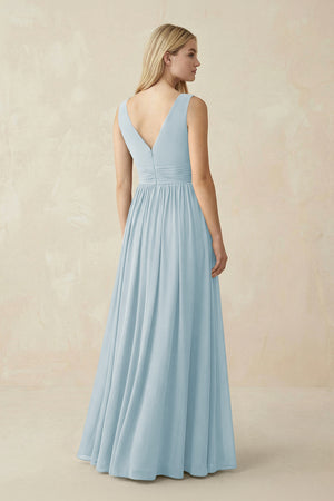 V-Neck Chiffon Pleated A-Line Bridesmaid Dress in Sky Blue (2) | KISSBRIDAL