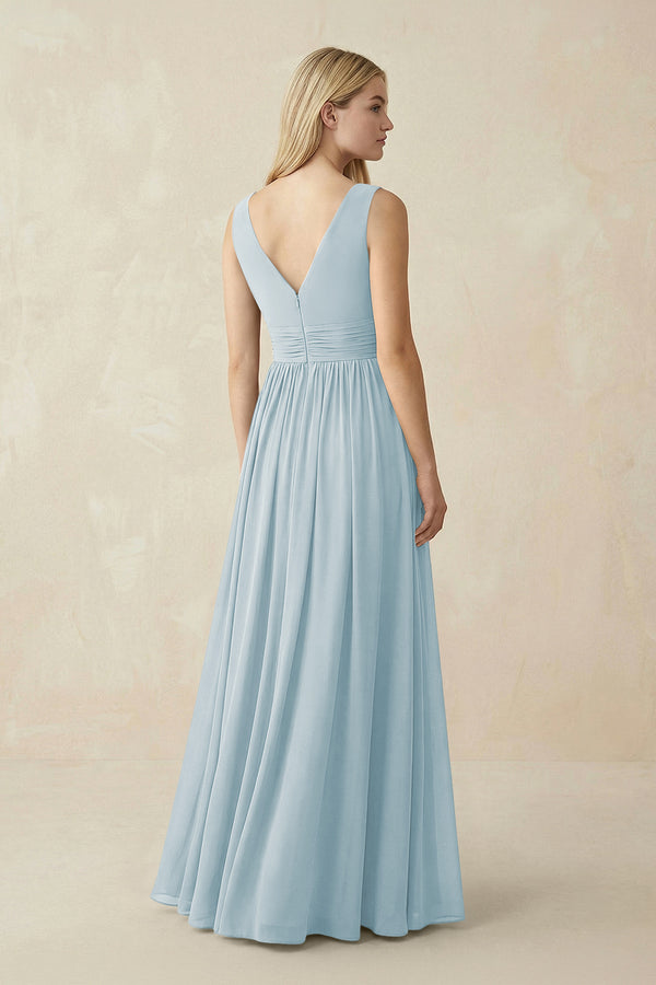 V-Neck Chiffon Pleated A-Line Bridesmaid Dress in Sky Blue (2) | KISSBRIDAL