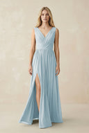 V-Neck Chiffon Pleated A-Line Bridesmaid Dress in Sky Blue | KISSBRIDAL