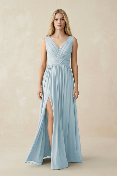 V-Neck Chiffon Pleated A-Line Bridesmaid Dress in Sky Blue | KISSBRIDAL