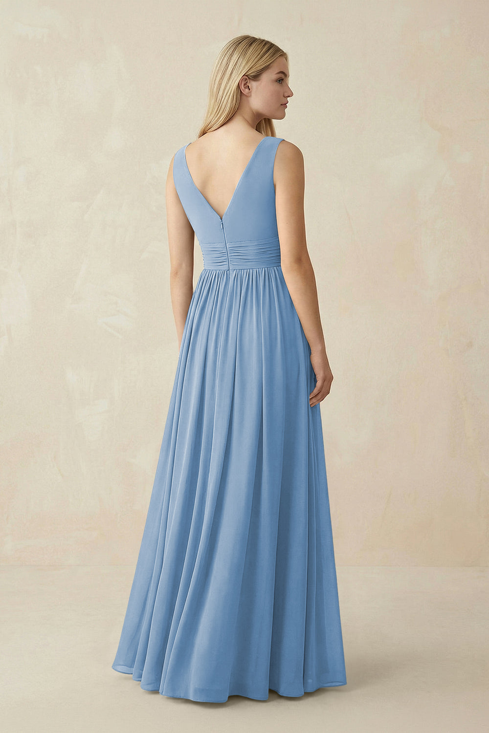 V-Neck Chiffon Pleated A-Line Bridesmaid Dress in Steel Blue