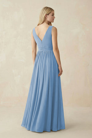 V-Neck Chiffon Pleated A-Line Bridesmaid Dress in Steel Blue (2) | KISSBRIDAL