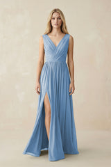 V-Neck Chiffon Pleated A-Line Bridesmaid Dress in Steel Blue | KISSBRIDAL