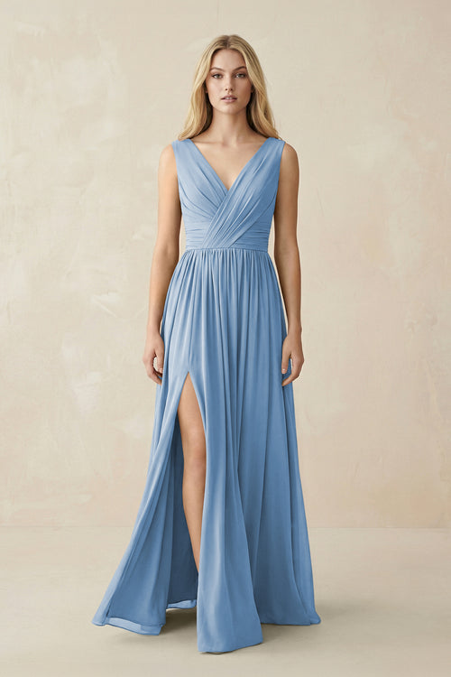 V-Neck Chiffon Pleated A-Line Bridesmaid Dress in Steel Blue | KISSBRIDAL
