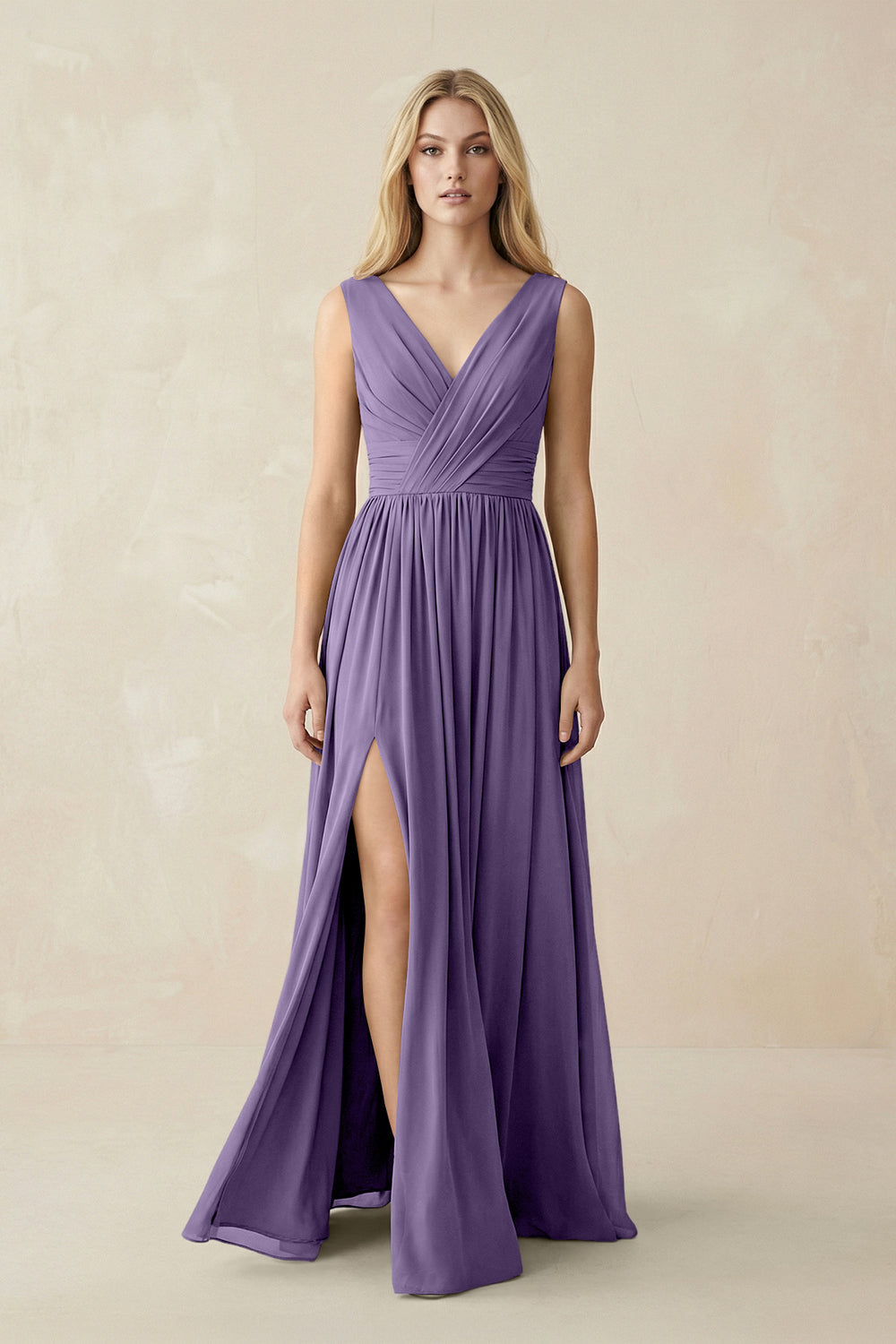 V-Neck Chiffon Pleated A-Line Bridesmaid Dress in Tahiti