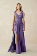 V-Neck Chiffon Pleated A-Line Bridesmaid Dress in Tahiti | KISSBRIDAL