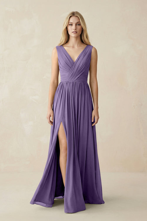 V-Neck Chiffon Pleated A-Line Bridesmaid Dress in Tahiti | KISSBRIDAL