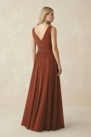 V-Neck Chiffon Pleated A-Line Bridesmaid Dress in Terracotta (2) | KISSBRIDAL