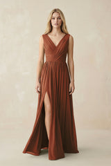 V-Neck Chiffon Pleated A-Line Bridesmaid Dress in Terracotta | KISSBRIDAL