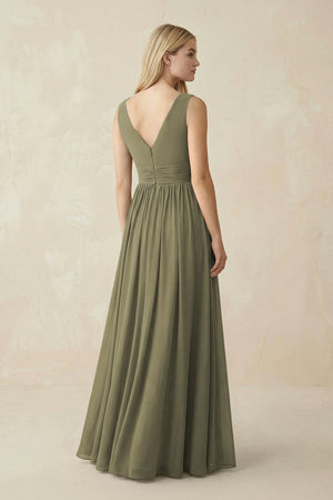 V-Neck Chiffon Pleated A-Line Bridesmaid Dress in Thyme (2) | KISSBRIDAL