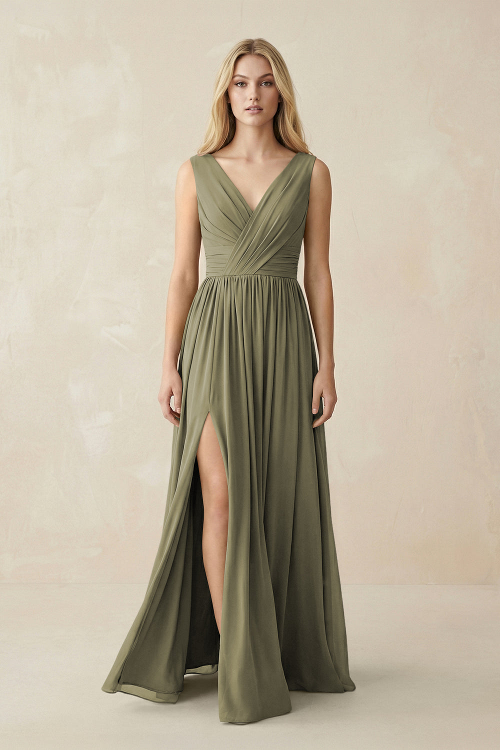 V-Neck Chiffon Pleated A-Line Bridesmaid Dress in Thyme