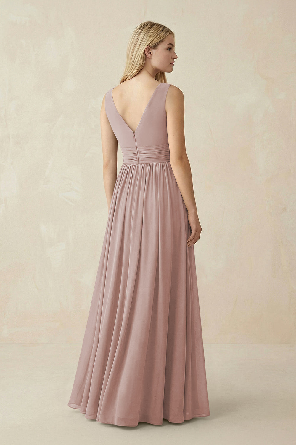 V-Neck Chiffon Pleated A-Line Bridesmaid Dress in Toffee