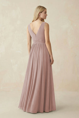 V-Neck Chiffon Pleated A-Line Bridesmaid Dress in Toffee (2) | KISSBRIDAL
