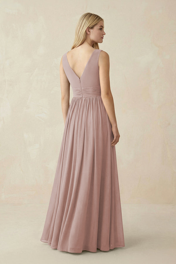 V-Neck Chiffon Pleated A-Line Bridesmaid Dress in Toffee (2) | KISSBRIDAL