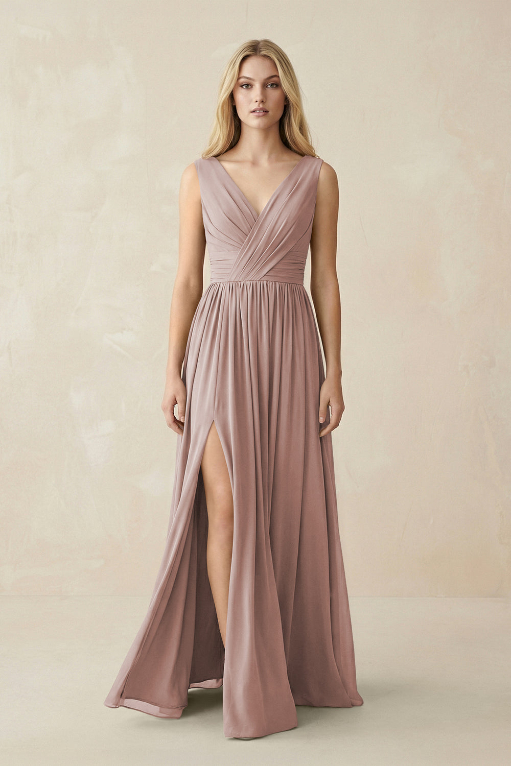 V-Neck Chiffon Pleated A-Line Bridesmaid Dress in Toffee