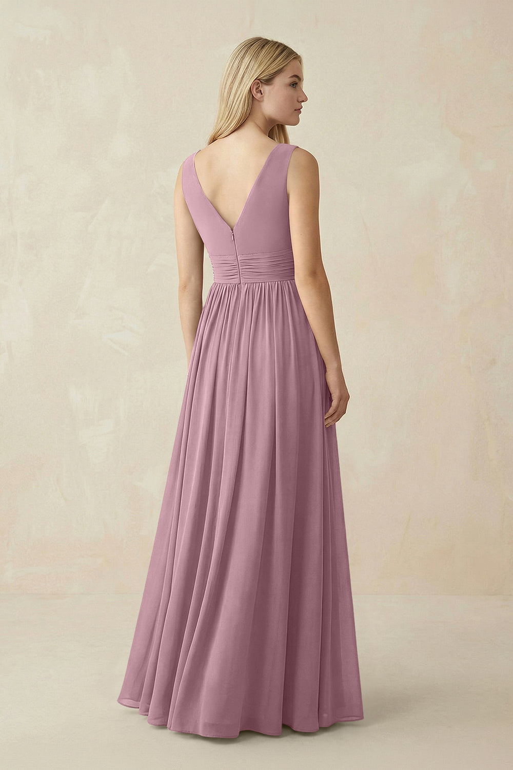 V-Neck Chiffon Pleated A-Line Bridesmaid Dress in Vintage Mauve