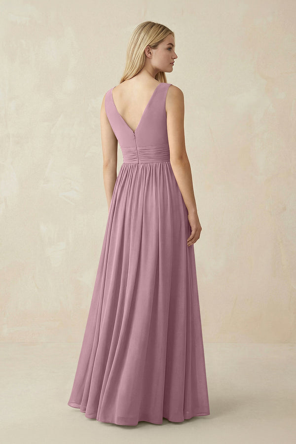 V-Neck Chiffon Pleated A-Line Bridesmaid Dress in Vintage Mauve (2) | KISSBRIDAL