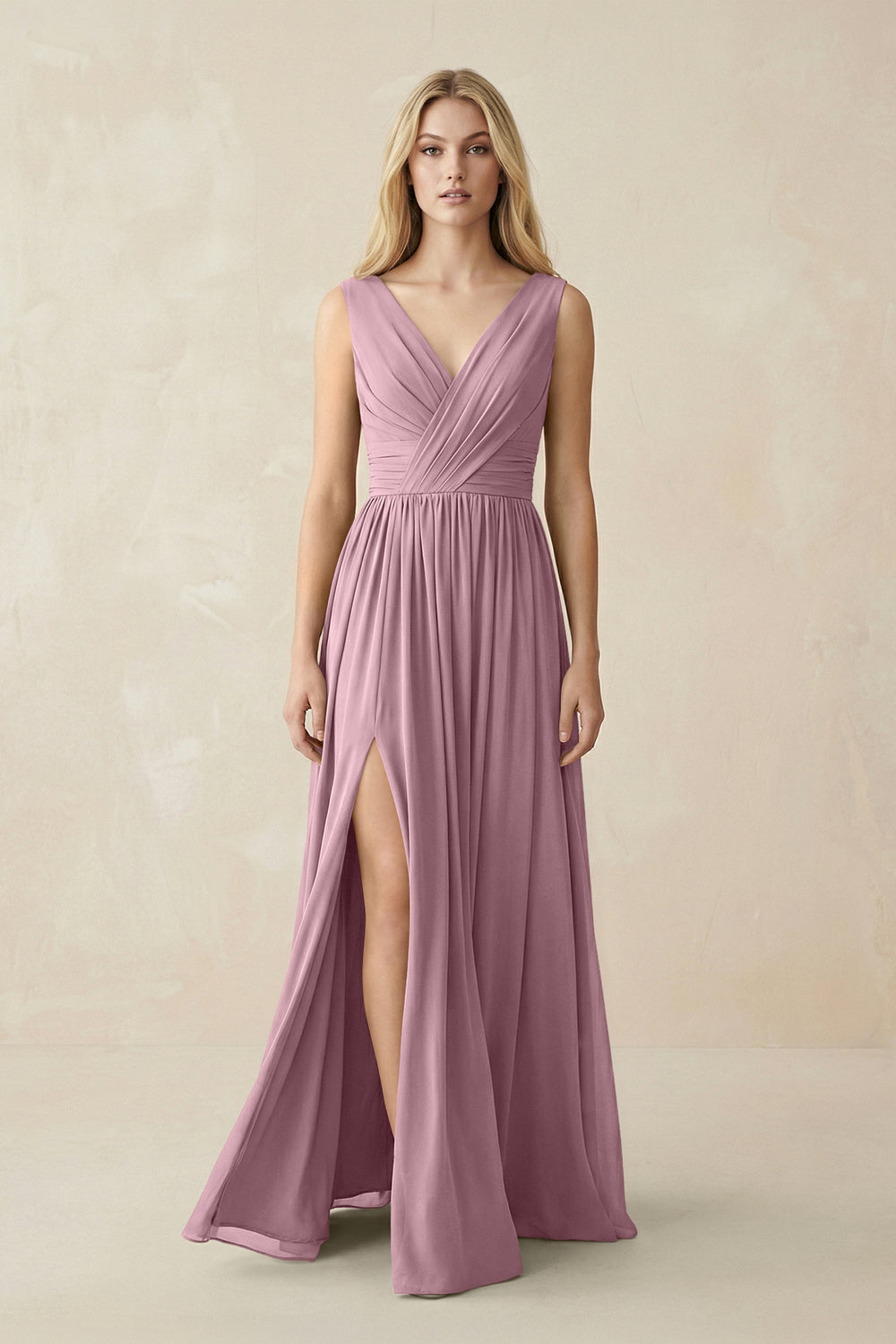 V-Neck Chiffon Pleated A-Line Bridesmaid Dress in Vintage Mauve