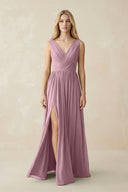 V-Neck Chiffon Pleated A-Line Bridesmaid Dress in Vintage Mauve | KISSBRIDAL