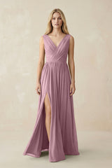 V-Neck Chiffon Pleated A-Line Bridesmaid Dress in Vintage Mauve | KISSBRIDAL