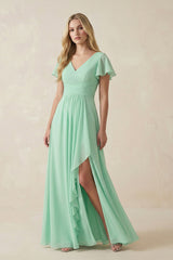 V-Neck Flutter Sleeve A-Line Chiffon Bridesmaid Dress in Pale Pistachio - KISS BRIDAL BRIDESMAID DRESSES