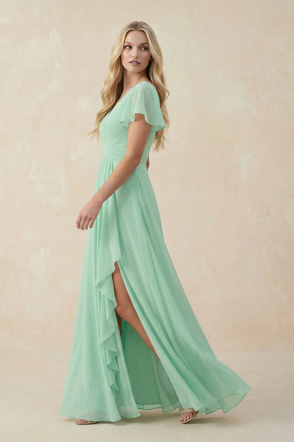 V-Neck Flutter Sleeve A-Line Chiffon Bridesmaid Dress in Pale Pistachio - SHE IS ME BRIDESMAID DRESSES