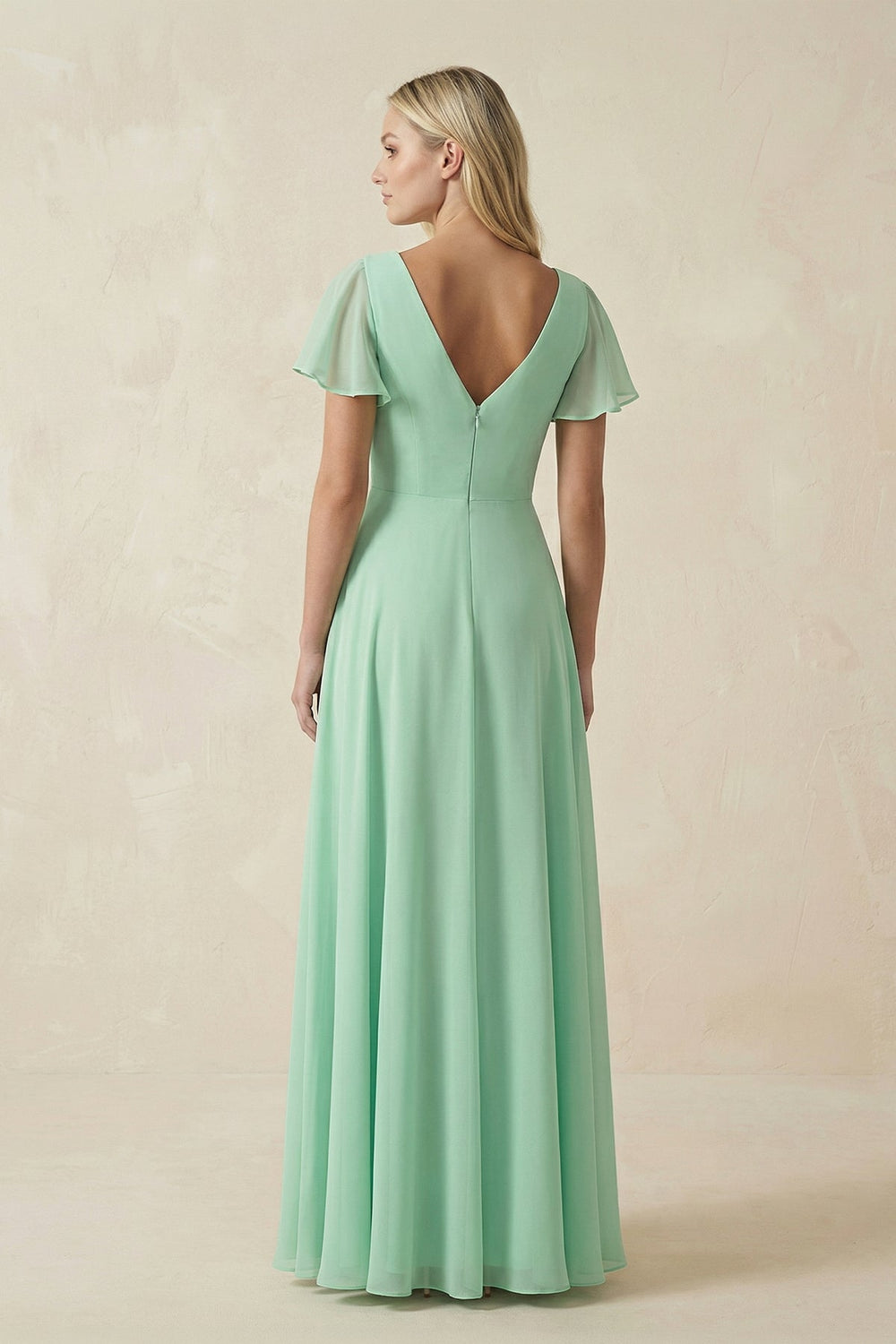 V-Neck Flutter Sleeve A-Line Chiffon Bridesmaid Dress in Pale Pistachio