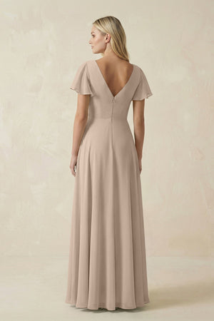 V - Neck Flutter Sleeve A - Line Chiffon Bridesmaid Dress in Almond - SHE IS ME Bridesmaid Dresses