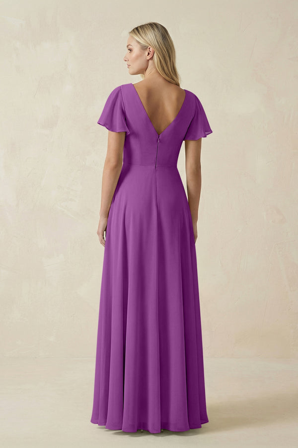 V - Neck Flutter Sleeve A - Line Chiffon Bridesmaid Dress in Amethyst - SHE IS ME Bridesmaid Dresses