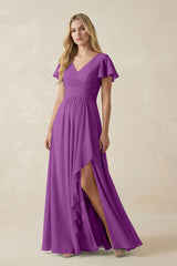 V - Neck Flutter Sleeve A - Line Chiffon Bridesmaid Dress in Amethyst - KISS BRIDAL Bridesmaid Dresses