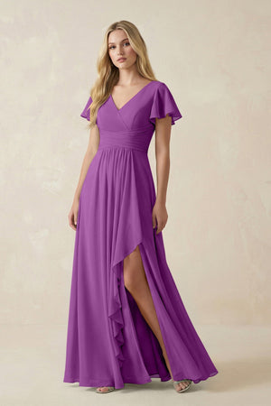 V - Neck Flutter Sleeve A - Line Chiffon Bridesmaid Dress in Amethyst - SHE IS ME Bridesmaid Dresses