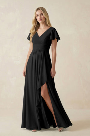 V - Neck Flutter Sleeve A - Line Chiffon Bridesmaid Dress in Black - SHE IS ME Bridesmaid Dresses