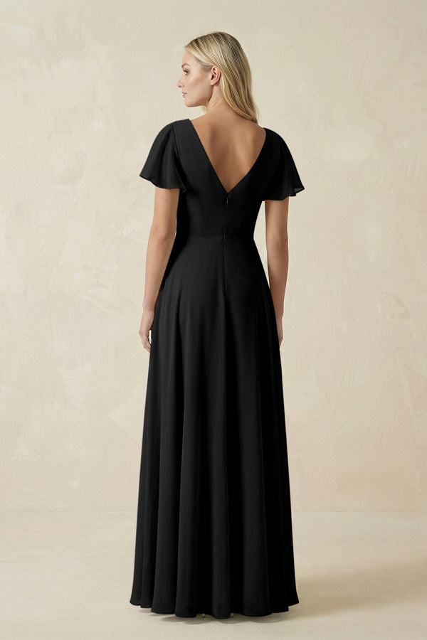 V - Neck Flutter Sleeve A - Line Chiffon Bridesmaid Dress in Black - SHE IS ME Bridesmaid Dresses