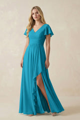 V - Neck Flutter Sleeve A - Line Chiffon Bridesmaid Dress in Blue Jay - KISS BRIDAL Bridesmaid Dresses