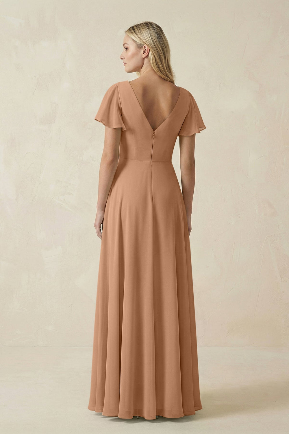 V - Neck Flutter Sleeve A - Line Chiffon Bridesmaid Dress in Bronzer - SHE IS ME Bridesmaid Dresses