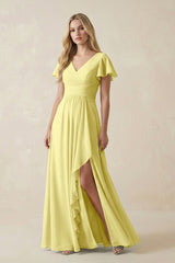 V - Neck Flutter Sleeve A - Line Chiffon Bridesmaid Dress in Buttercup - KISS BRIDAL Bridesmaid Dresses